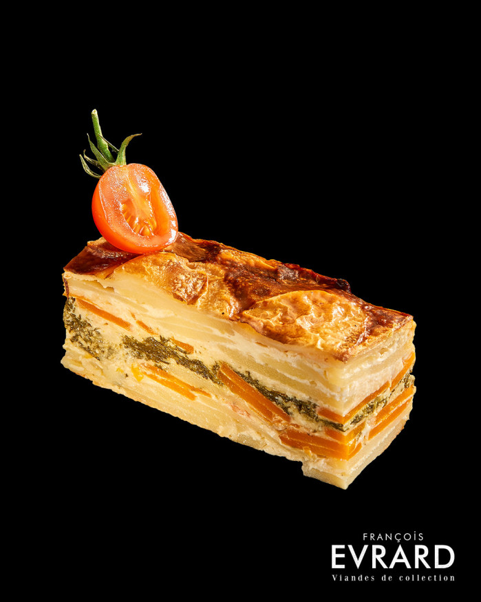 Gratin  de patate douce, épinards, navets et céleri